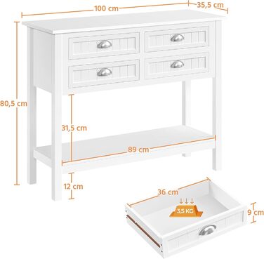 Консольний столик Yaheetech з 4 висувними ящиками, відсік для зберігання, сільський стиль, 100 35,5 80,5 см, білий