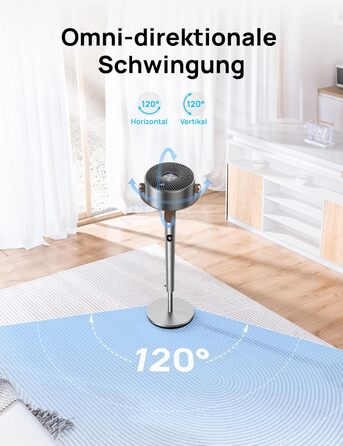 Вентилятор підлоговий Dreo з тихим мотором 20dB, 120° осциляція, дальність 26м, 1200 м³/год, 102 см, 3 режими, 8 швидкостей, срібний