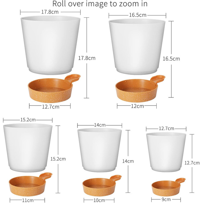Набір горщиків для квітів Gardife з автополивом, 5 шт. різного розміру (12.7-17.8 см), пластикові, для кімнатних рослин, білі