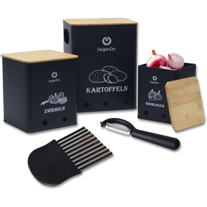 Набір коробок для зберігання картоплі, цибулі та часнику – 3 шт. Металеві овочеві контейнери з картопляницею та очищувачем – чорний колір