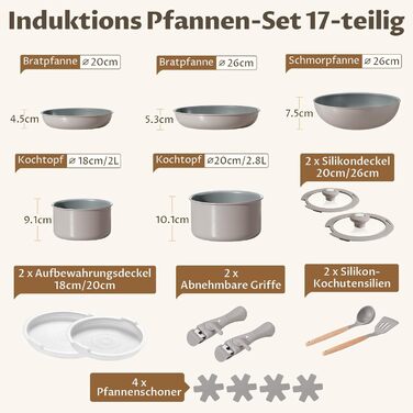 Набір каструль BEZIA 17 предметів з знімним ручками, антипригарний набір сковорідок з керамічним покриттям, набір каструль для індукційних плит, підходить для всіх типів плит, складаний набір каструль, індукційне кухонне приладдя, набір для кемпінгу, прид