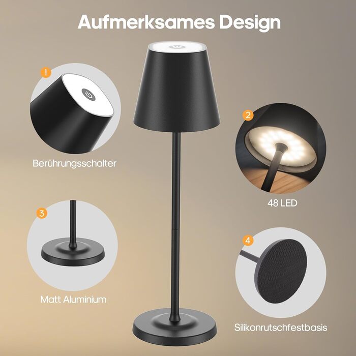 LED лампа настільна бездротова GOODEA з регулюванням висоти, 5500mAh, 3 кольори, диммування, вологостійка, з сенсорним керуванням, алюміній, для вітальні, спальні, тераси, чорна, набір 2 шт.