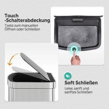 Електричний сміттєвий бак WLIVE 60L з сенсором, з нержавіючої сталі, автоматичний, з м'яким закриттям кришки, герметичний, гігієнічний для кухні та офісу