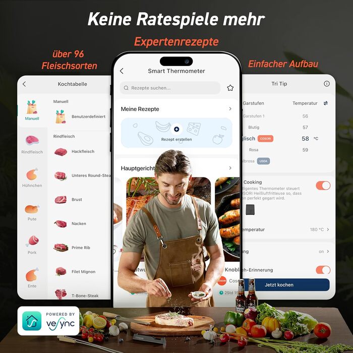 Термометр для м'яса COSORI Smart - бездротовий, Bluetooth, для фритюрниці, приготування на грилі та духовці, чорний