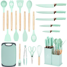 Набір кухонних ножів EliteHoff 19 предметів: 5 ножів, 12 аксесуарів, дошка та підставка – з дерев'яними ручками, безпечний, можна мити в посудомийній машині, чорний (E-6074)