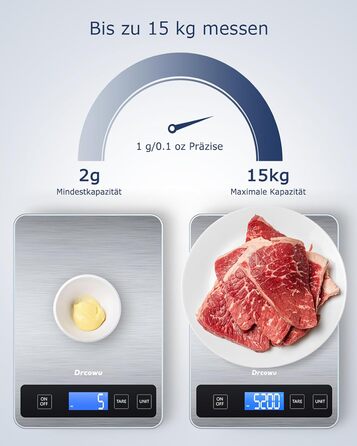 Цифрові кухонні ваги Drcowu 15 кг, водонепроникні, РК-дисплей, точність 1 г, тара, сенсорний, нержавіюча сталь срібло