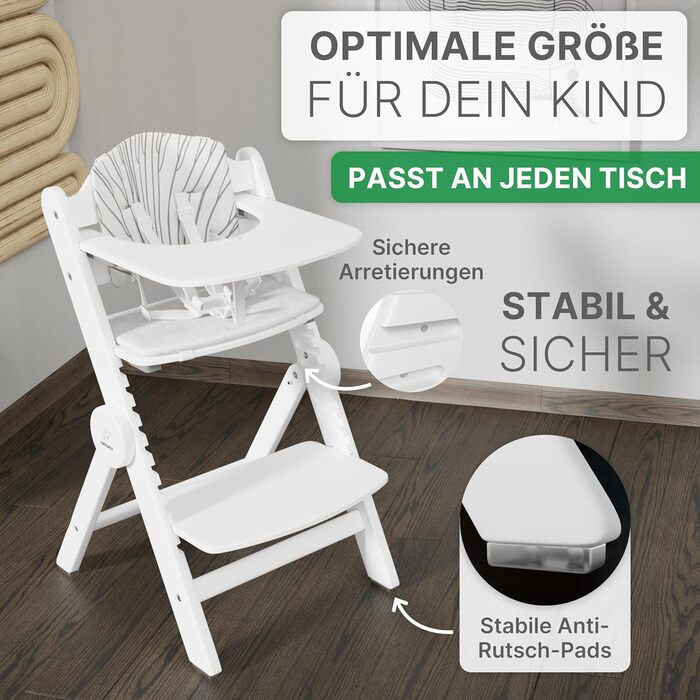 Дитячий стільчик ZWERGHELD® ZS3 Set - преміум якість, з регулюванням, для дітей від 6 місяців, до 90 кг, з підносом, дерев'яний (натуральний колір, білий)