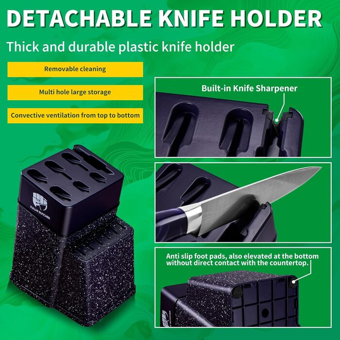 Набір кухонних ножів Fullhi 14 предметів з бруском та чохлом, набір кухонних ножів для приготування стейків, кольорова ручка (фіолетовий смоляний)