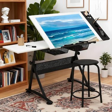 Набір мольбертів Magshion: регульований стіл для художника з нахиленою дерев'яною стільницею, стілець та 2 висувними ящиками для зберігання. Підходить для дому, офісу та школи (білий/чорний)