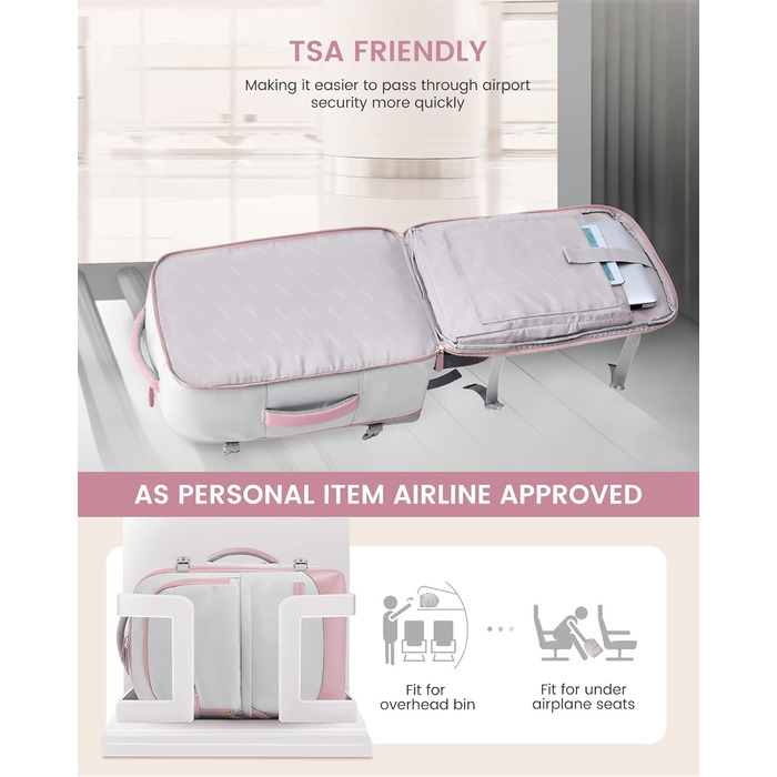 Рюкзак для ручної поклажі LOVEVOOK 40L, сірий/рожевий, для ноутбука 17.3