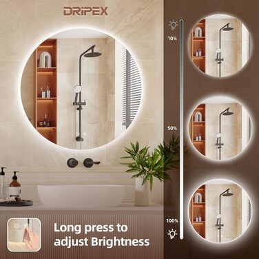 Дзеркало для ванної кімнати з LED підсвічуванням Dripex, сенсорне керування, регулювання яскравості, 3 кольори світла, антизапарник, 80x80 см (кругле)