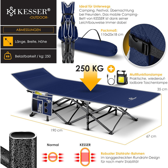 Кемпінгове ліжко KESSER Табірне ліжко Розкладне розкладне ліжко Кемпінговий шезлонг з сумкою для перенесення, кемпінговим світлом бічною сумкою Міцне похідне ліжко 250 кг Завантажувана металева труба 600D Оксфордська тканина Портативний шезлонг для подоро