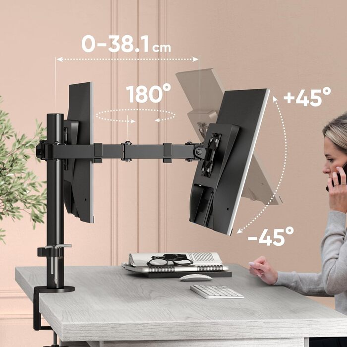 Кріплення для монітора ONKRON D221E-B для 2 моніторів (13-32 дюйми, до 8 кг), регульоване, VESA 75x75-100x100, чорний
