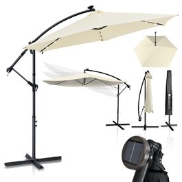 Парасолька від сонця Juskys Brazil 350 см з LED-підсвіткою, сонячною панеллю та ручкою, водовідштовхуюча, з UV-захистом, колір крем/сірий