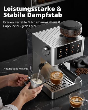 Еспресо-машина Siebträger з прозорою колбою, 20 Bar, автоматичний спінювач молока, для капучино та лате, Dual Boiler (1350W & 1000W), 15s екстракція, нержавіюча сталь, бак 1.8L, сенсорний дисплей, автоматичний спінювач молока (з млинком)