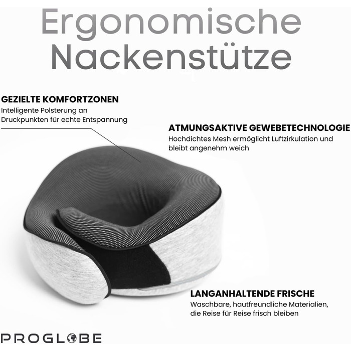 Подушка для подорожей Proglobe з Memory Foam, ортопедична, сіра. З маскою для сну та чохлом.