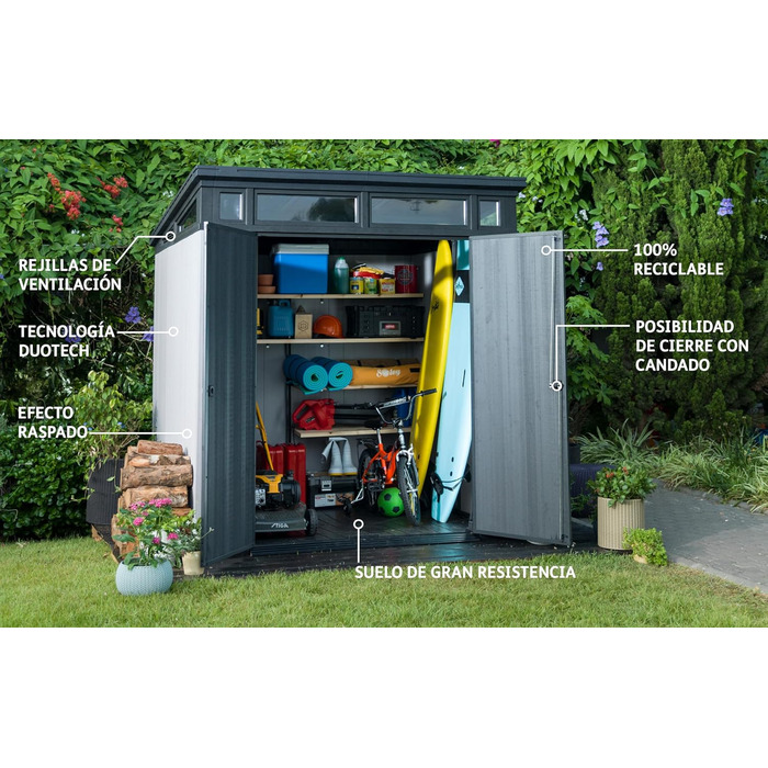 Сарай садовий Keter Artisan 7x7 з підлогою, похилим дахом, подвійними дверями та вікном, 214x218x226 см, 8.3 м³, сірий - для зберігання на вулиці