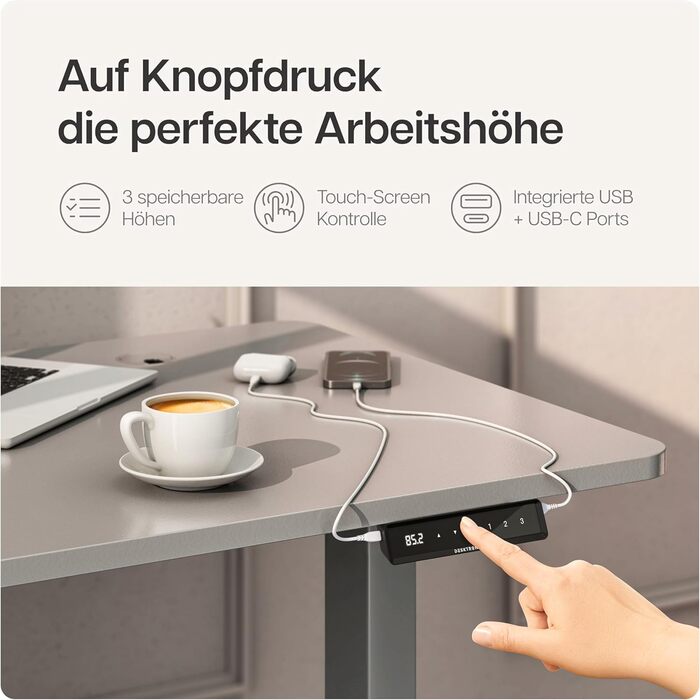 Електричний регульований стіл Desktronic з підйомним механізмом, білий (сірий), з сенсорним керуванням, висока вантажопідйомність