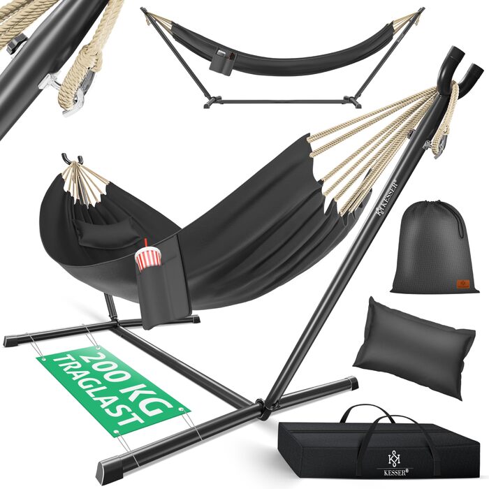 Гамак KESSER® Lake з каркасом для 2 осіб, до 200 кг, для дому та саду, XXL, антрацит. З подушкою, сумкою та мішком.