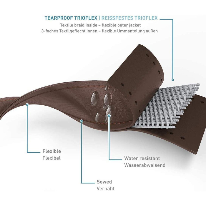 Повідець для собак PetTec, буксирувальний і направляючий повідець * від 10 м * до 80 кг, регульований повідець для дресирування/дресирування/трекінгу для собак з TRIOFLEX (аналогічно. Biothane), водостійкий і міцний, 10-метровий повідець для собак коричне