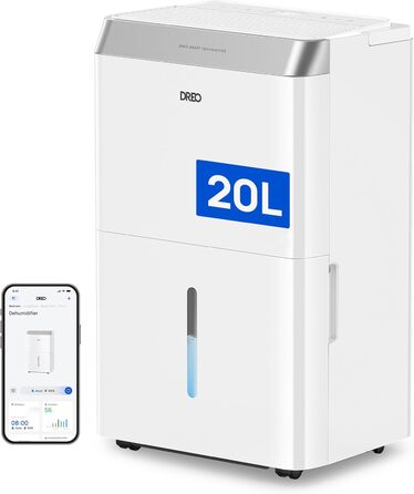 Dreo Електричний осушувач повітря 20л/24г - для приміщень 37 м², енергозберігаючий, тихий, з керуванням через App & Alexa, 3 режими, таймер, регулювання вологості, з відводом води, для спальні та ванної кімнати, білий