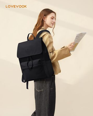 Сумка-рюкзак LOVEVOOK для жінок, легкий шкільний рюкзак для підлітків з відділенням для ноутбука 15.6 дюймів, чорний M-15,6