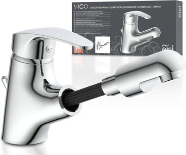 Змішувач для ванної кімнати Vico з висувною лійкою для миття волосся, водозберігаючий кран, хром