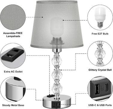 Набір приліжкових ламп Kakanuo Touch з можливістю затемнення з 2 шт. , кришталева настільна лампа з USB, світлодіод, біла тканина (37 см, C-сірий)