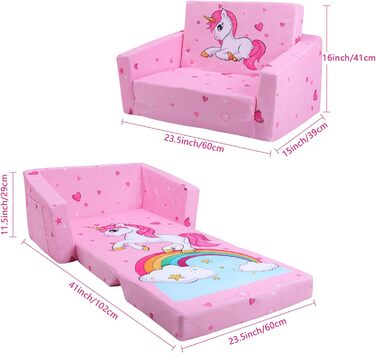 Дитяче крісло-софа 2 в 1 з кишенькою та неслизьким подушкою, розкладне, з єдинорогом для дитячої, вітальні, ігрової кімнати