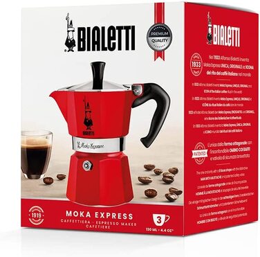 Культова еспресо-машина для приготування справжньої італійської кави, кавник Moka(130 мл), алюмінієвий, (3 чашки, червоний)