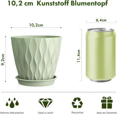 Набір горщиків для квітів 5 шт. об'ємом 20 см, пластикові горщики Dick з підставкою та дренажними отворами, горщик-пересадочний з 3D-фактурою для монстери, герані та кімнатних рослин (зелений, Ø 10,2 см, 5 шт.)