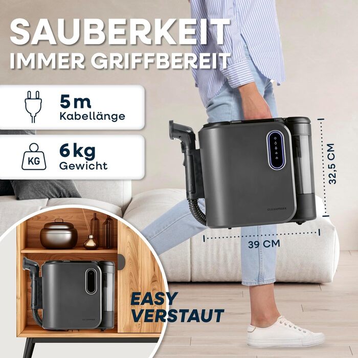 CLEANmaxx Професійний пароочисник та чистий для килимів та оббивки | EASYmaxx засіб для чищення килимів | Миючий пилосос для диванів, авто, килимів, оббивки та ін. | Плямисто-видалятор чорного кольору з шампунем Pro Steam Touch 2000W