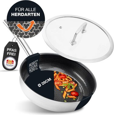 Сковорода з нержавіючої сталі Moritz & Moritz з кришкою 28 см з керамічним покриттям нового покоління - підходить для всіх типів плит - антипригарна сковорода з вафельною структурою для приготування, смаження та тушкування. Діаметр 28 см