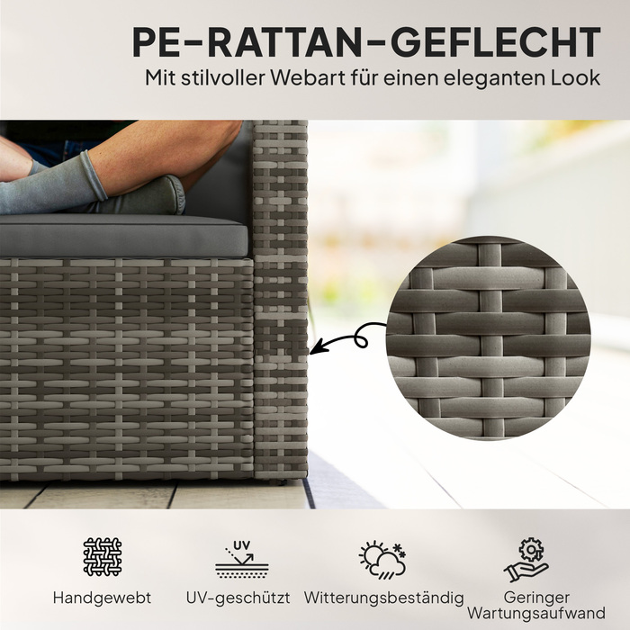 Двомісний ротанговий диван з подушками та відкидними бічними столиками. Ідеальний для відпочинку та створення затишної зони відпочинку. Колір: світло-сірий.