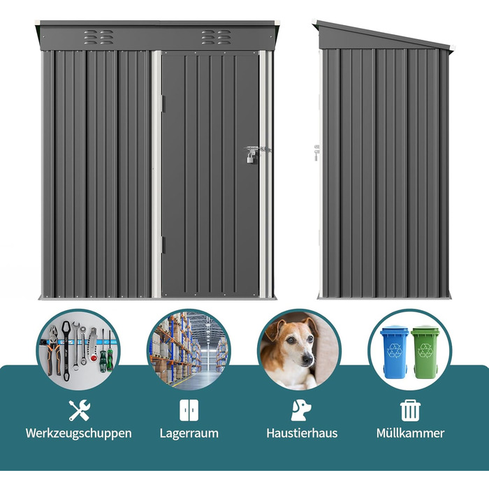 Металевий сарай для інструментів Bealife 180x162x95 см, сталевий садовий шоп, вуличний склад, дачний будиночок для двору, тераси, газону (Сірий)