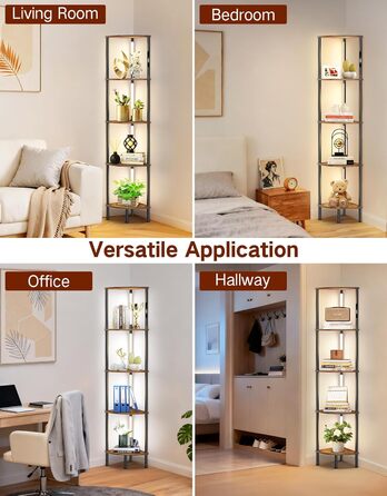 Світлодіодна торшер-полиця з регульованою яскравістю та кольором, пульт ДУ, 5 полиць, кутова, для вітальні, спальні, офісу (Rustikales Braun)