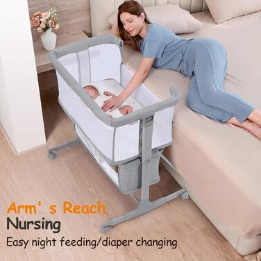 Зустрічне ліжко для немовлят, колиска-ліжко для новонароджених, портативне дитяче ліжко на колесах з кошиком для зберігання, регульована по висоті (7 рівнів), світло-сірий колір
