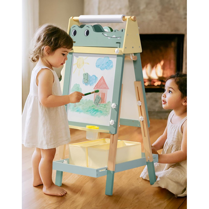 Мольберт для малювання ROBOTIME Alligator – 3-в-1, регульована висота, дерев'яний мольберт з магнітною дошкою, крейдяною дошкою та держателем для рулонів паперу, дитяча арт-станція для хлопчиків та дівчаток