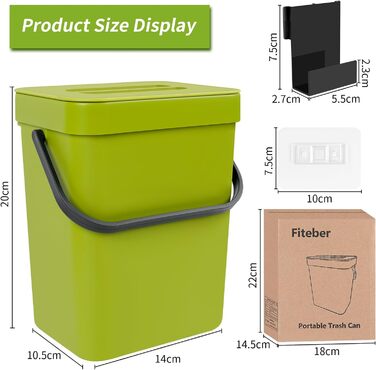 Кухонний контейнер для органічних відходів Fiteber, 3 л - герметичний та компактний, універсальний, у комплекті 4 пакети для органічних відходів (зеленого кольору)