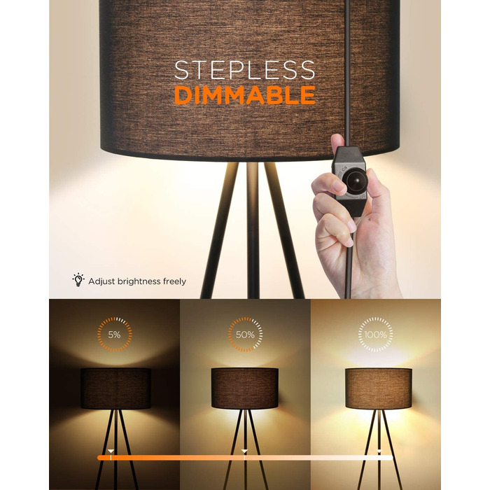 Світлодіодна підлогова лампа Tomons з димером, чорна. Сучасна торшер на тринозі з металу для вітальні та спальні, лампа для читання