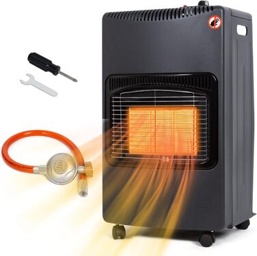 Газовий обігрівач Todeco 4200W з керамічним нагрівачем, чорний колір, 3 режими нагріву, з регулятором тиску, шлангом, для балконів та добре провітрюваних приміщень