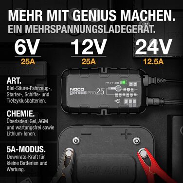 NOCO GENIUSPRO25: Професійне зарядне пристрій для акумуляторів 25A, 6V/12V/24V – Інтелектуальний зарядний пристрій, десульфатор та блок живлення з захистом від перевантаження та температурною компенсацією – Для свинцево-кислотних та літієвих акумуляторів