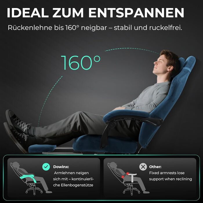 Ігровий крісло Dowinx з масажем попереку, регульованою підголівником, потовщеним сидінням, висувною підніжкою, регульованими підлокітниками, мікрофіброю велюром, нахилом 160°, блакитний колір