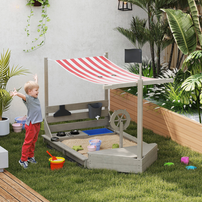Outsunny Sandpit Sandpit Large з кришкою в дизайні корабля Грязьовик Дерев'яний вітрильний корабель Ігровий будиночок з кухнею Ігровий набір для зберігання для дітей 3-7 років Сірий 180 x 103 x 144.5 см