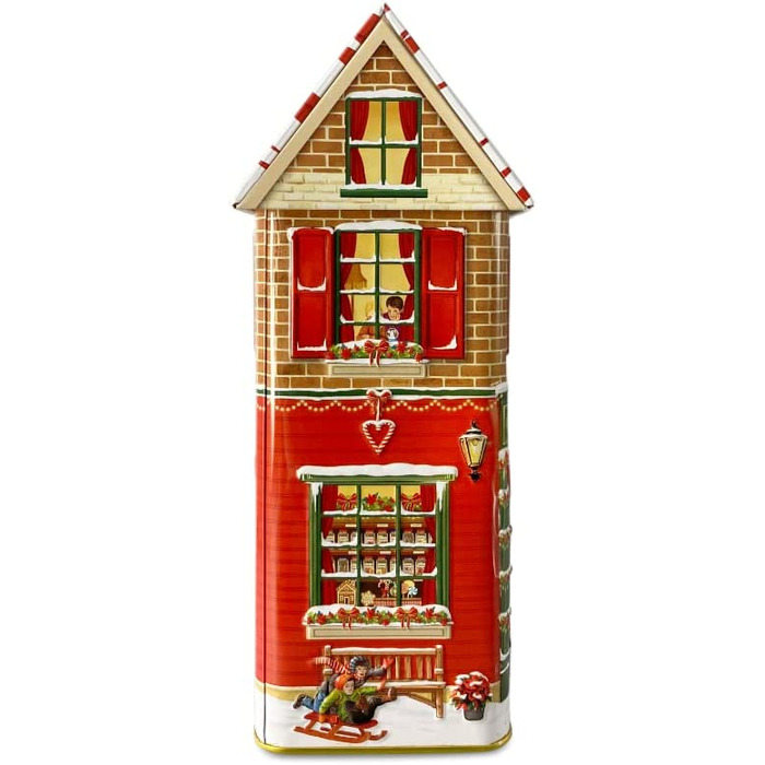 Жерстяна коробка у формі таунхауса Маленький будиночок з навісом Коробка для печива декоративна коробка банку, приблизно 12 х 7,5 х 15 см Об'єм 1000 мл (зимове печиво і солодке)