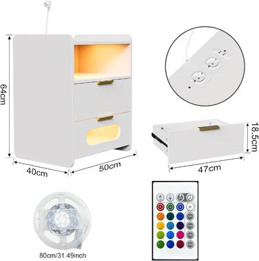 Приліжкова тумбочка Lvhecforhm LED із зарядною станцією, розетка, USB, відкриті відділення, 2 ящики, білий