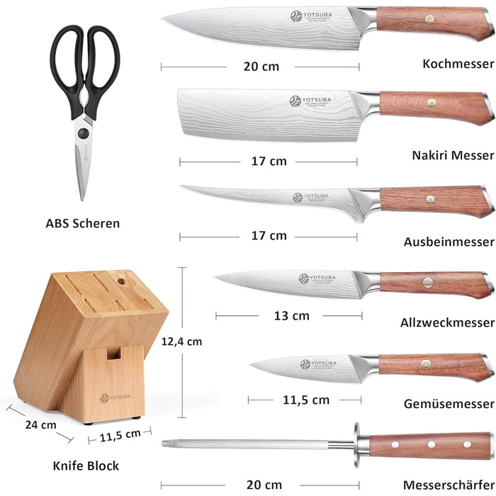 Набір кухонних ножів YOTSUBA 8 предметів з дерев'яним блоком, точилка, ножиці, кухонні ножі з нержавіючої сталі