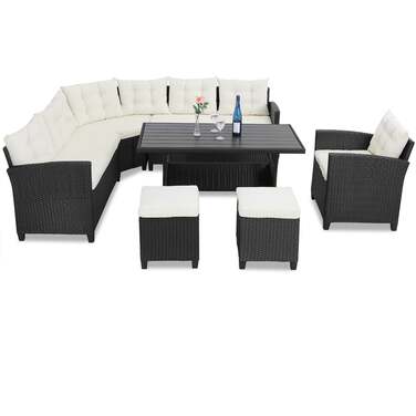 Polyrattan Corner Lounge чорний/кремовий з подушкою