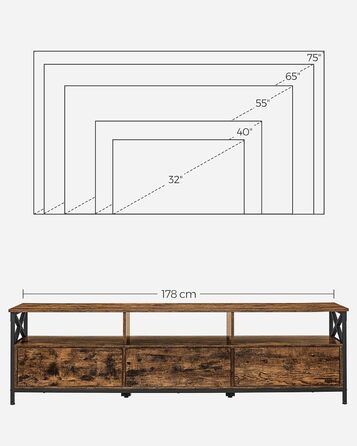 Тумба під телевізор VASAGLE до 80 дюймів, з 3 шухлядами та 3 полицями, 178x40x50 см, вінтажний коричнево-чорний, сталевий каркас