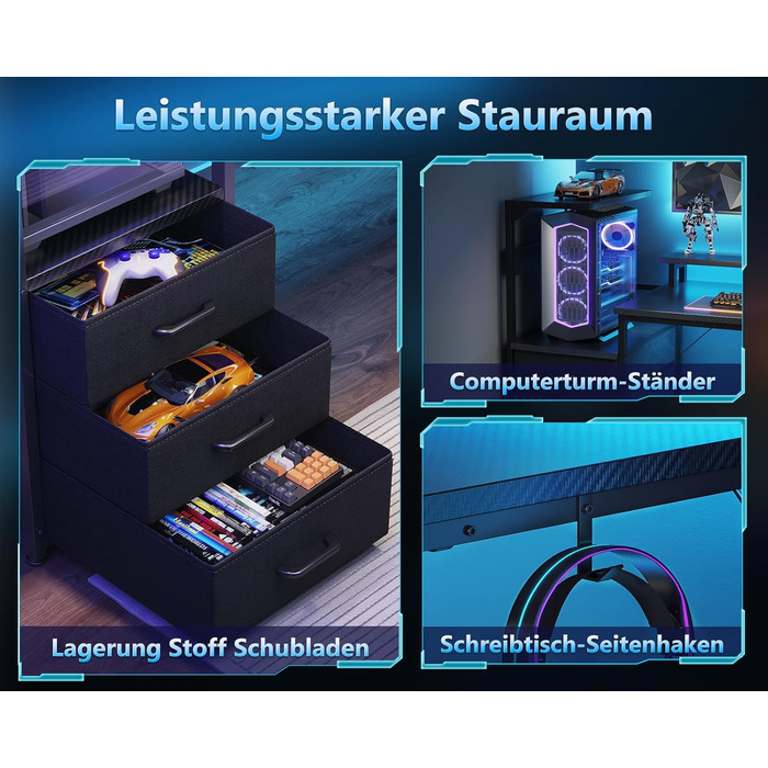 Ігровий стіл Coleshome з ящиками, 151x50 см, LED-підсвічуванням та розеткою, стіл для комп'ютера з полицями та підставкою для монітора, карбон, чорний